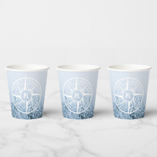 Compass star emblem monogram winter spruce forest paper cups