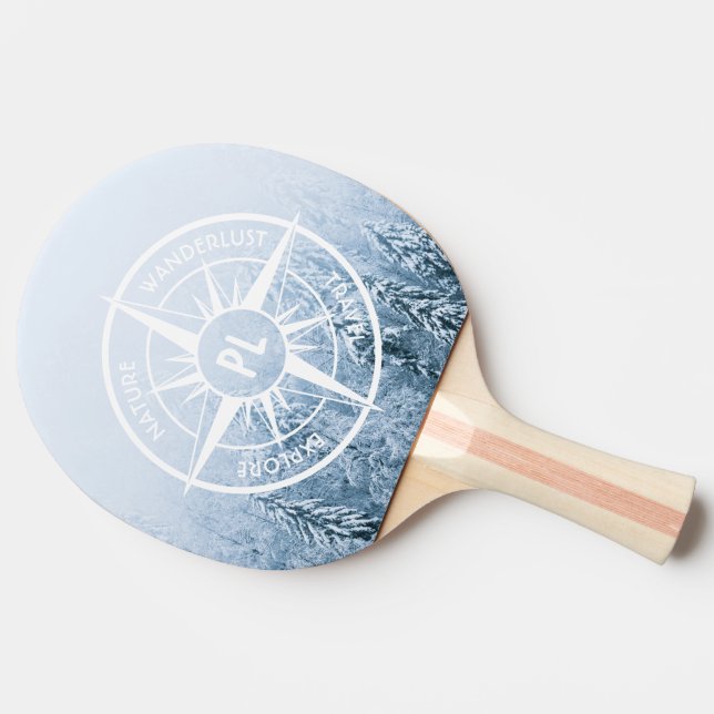 Compass star emblem monogram winter spruce forest ping pong paddle (Side)