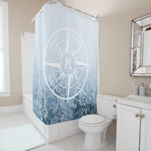 Compass star emblem monogram winter spruce forest shower curtain
