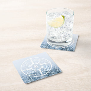 Compass star emblem monogram winter spruce forest square paper coaster