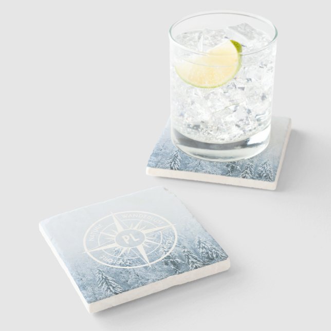 Compass star emblem monogram winter spruce forest stone coaster (Side)