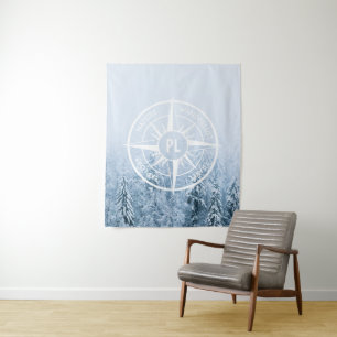 Compass star emblem monogram winter spruce forest tapestry