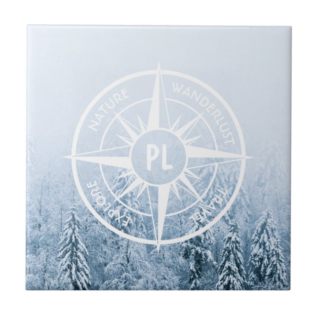 Compass star emblem monogram winter spruce forest tile (Front)