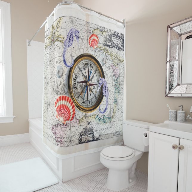 compass vintage map shower curtain (In Situ)