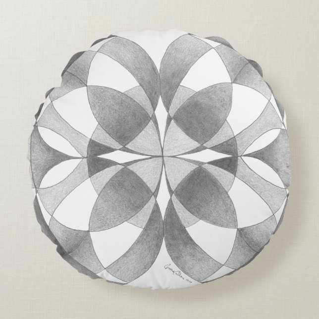 "Compassion & Balance" Mandala, Black, Gray, White Round Cushion (Front)