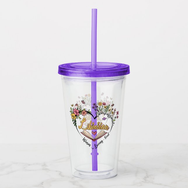Compassionate Librarian – Floral Heart Design Acrylic Tumbler (Front)