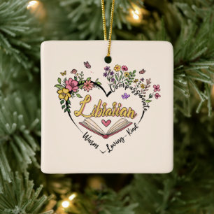 Compassionate Librarian – Floral Heart Design Ceramic Ornament