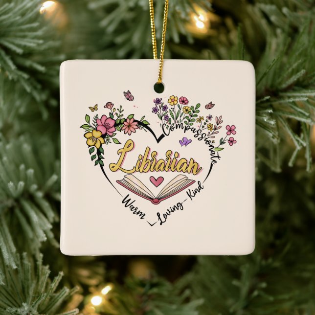 Compassionate Librarian – Floral Heart Design Ceramic Ornament (Tree)