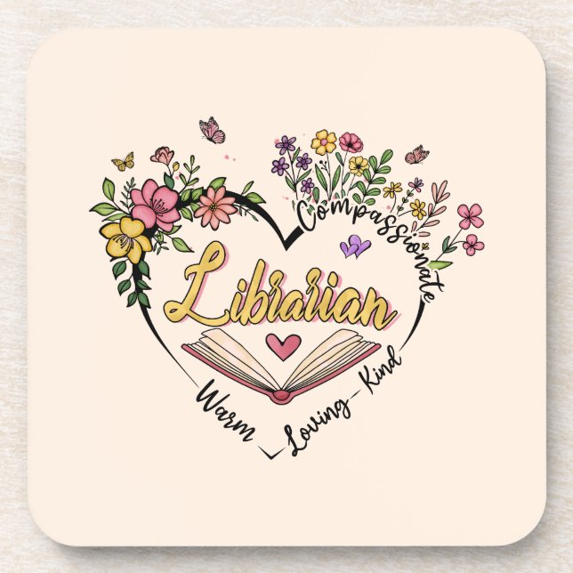 Compassionate Librarian – Floral Heart Design Coaster (Front)