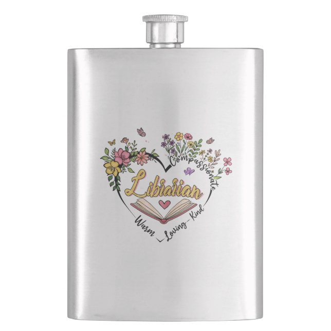 Compassionate Librarian – Floral Heart Design Hip Flask (Front)