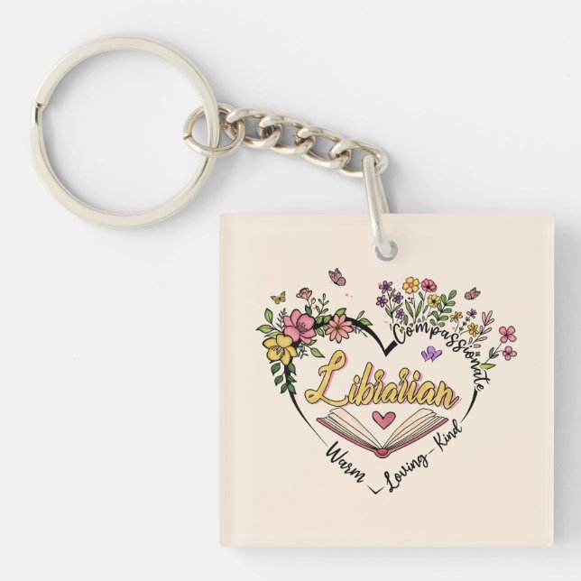Compassionate Librarian – Floral Heart Design Key Ring (Front)