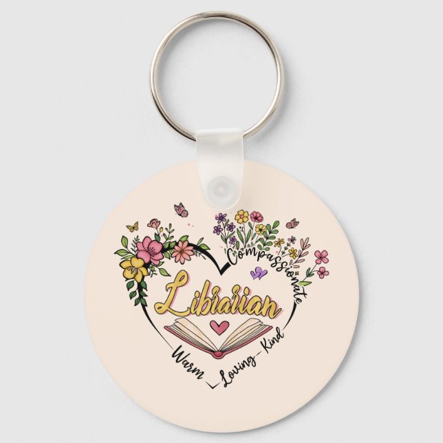 Compassionate Librarian – Floral Heart Design Key Ring (Front)