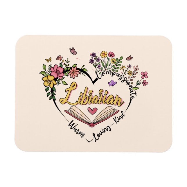 Compassionate Librarian – Floral Heart Design Magnet (Horizontal)