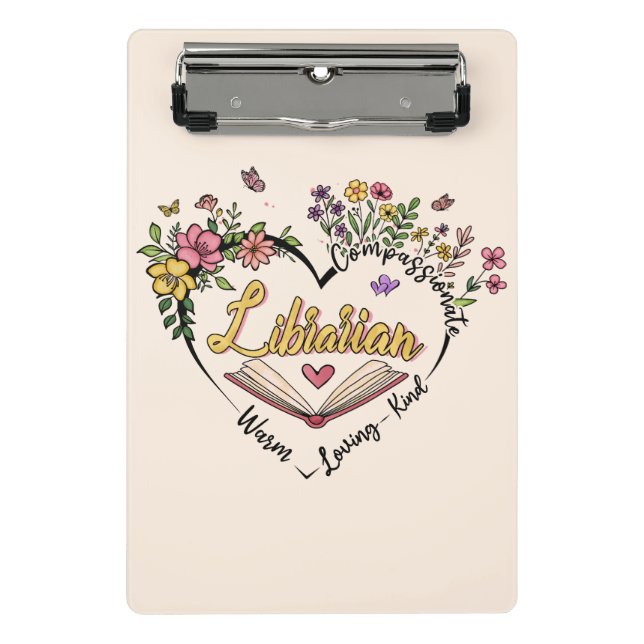 Compassionate Librarian – Floral Heart Design Mini Clipboard (Front)