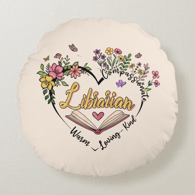 Compassionate Librarian – Floral Heart Design Round Cushion (Front)