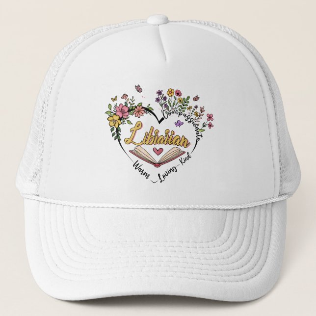 Compassionate Librarian – Floral Heart Design Trucker Hat (Front)