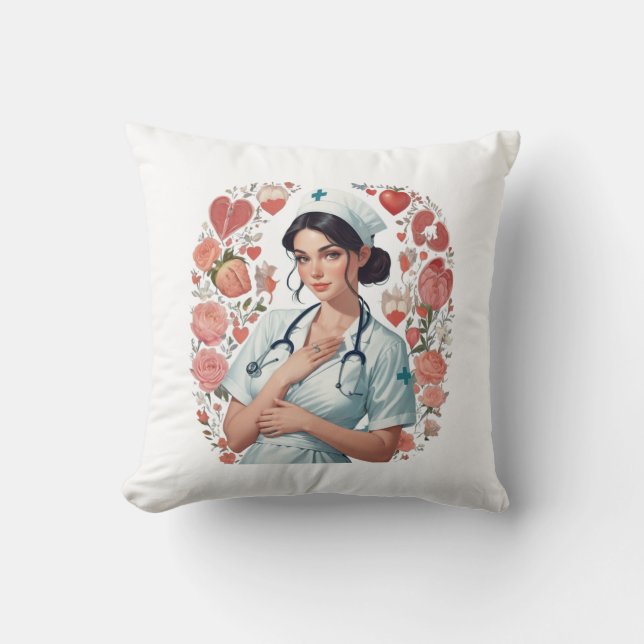 Compassionate Nurse – Elegant Floral Art Illustrat Cushion (Front)