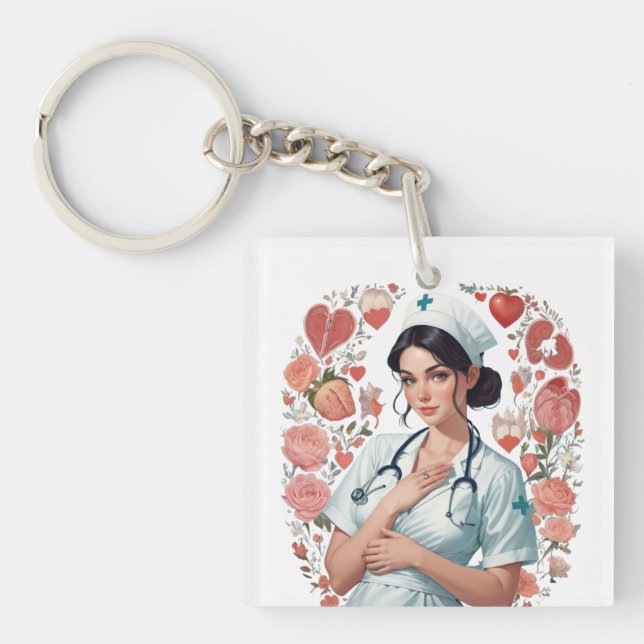 Compassionate Nurse – Elegant Floral Art Illustrat Key Ring (Front)