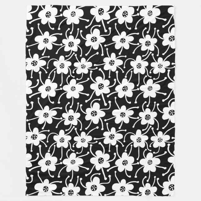Competing Flowers - Black and White on Black Fleece Blanket (Front)