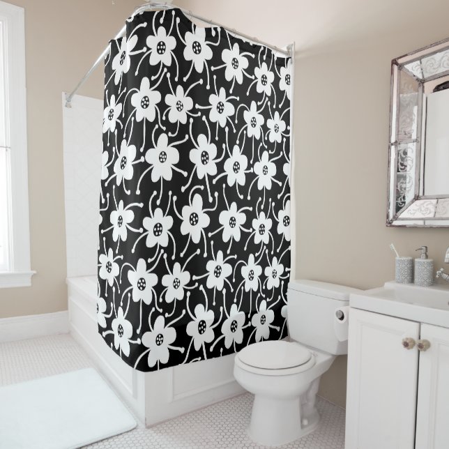 Competing Flowers - Black and White on Black Shower Curtain (In Situ)