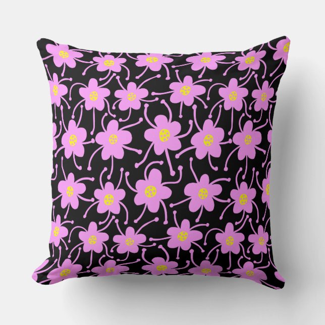 Competing Flowers - Light Violet and Yellow on Blk Cushion (Front)