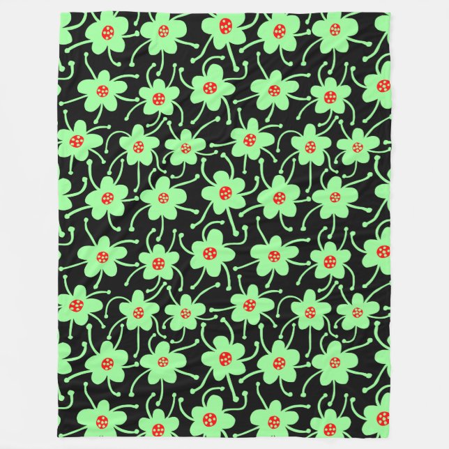 Competing Flowers - Mint Green and Red on Black Fleece Blanket (Front)
