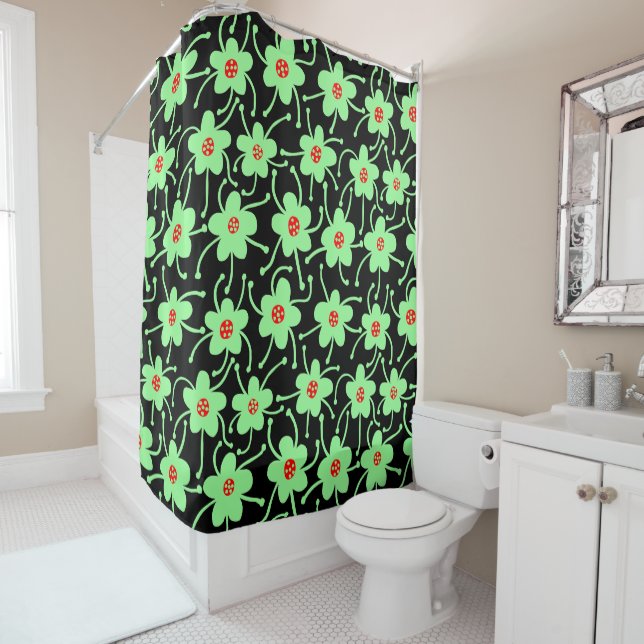 Competing Flowers - Mint Green and Red on Black Shower Curtain (In Situ)