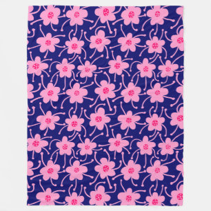 Competing Flowers - Neon Red and Pink on Deep Navy Fleece Blanket