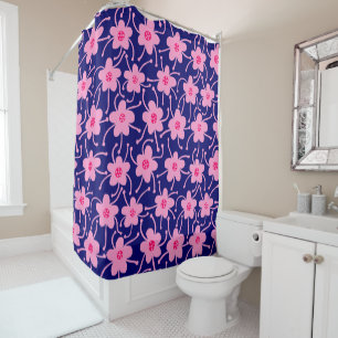Competing Flowers - Neon Red and Pink on Deep Navy Shower Curtain
