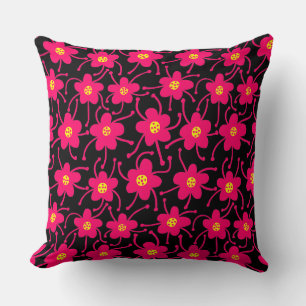 Competing Flowers - Neon Red and Yellow on Black Cushion