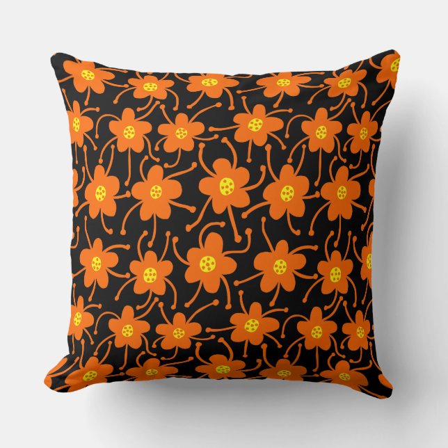 Competing Flowers - Orange and Yellow on Black Cushion (Front)