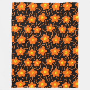 Competing Flowers - Orange and Yellow on Black Fleece Blanket