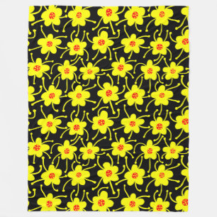 Competing Flowers - Yellow and Red on Black Fleece Blanket