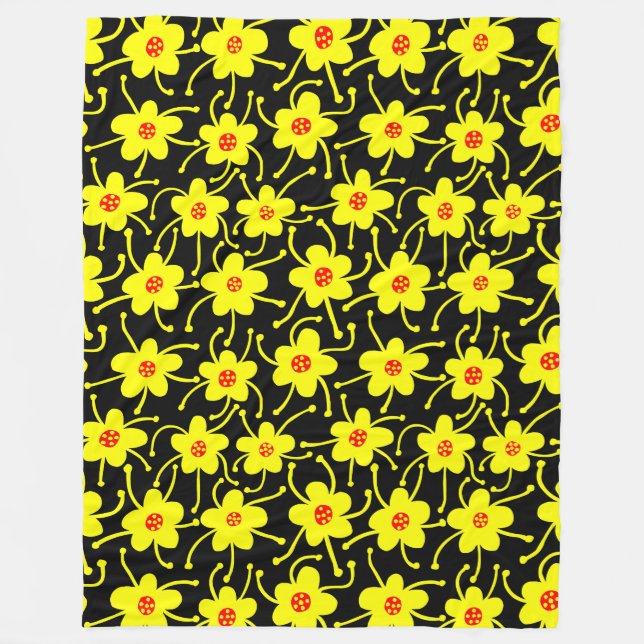 Competing Flowers - Yellow and Red on Black Fleece Blanket (Front)