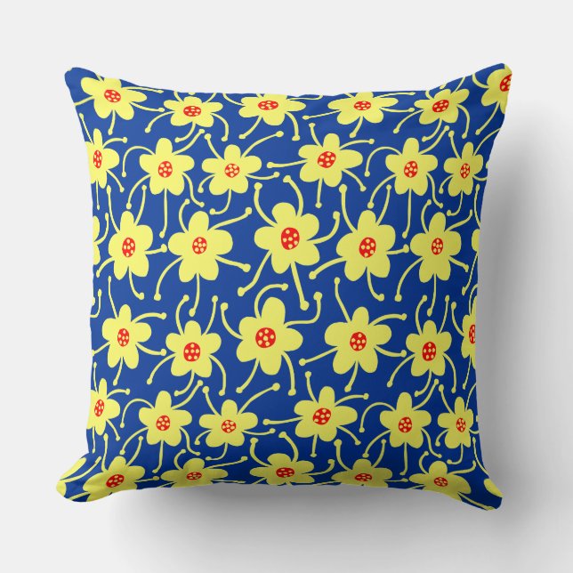 Competing Flowers - Yellow and Red on Navy Blue Cushion (Front)