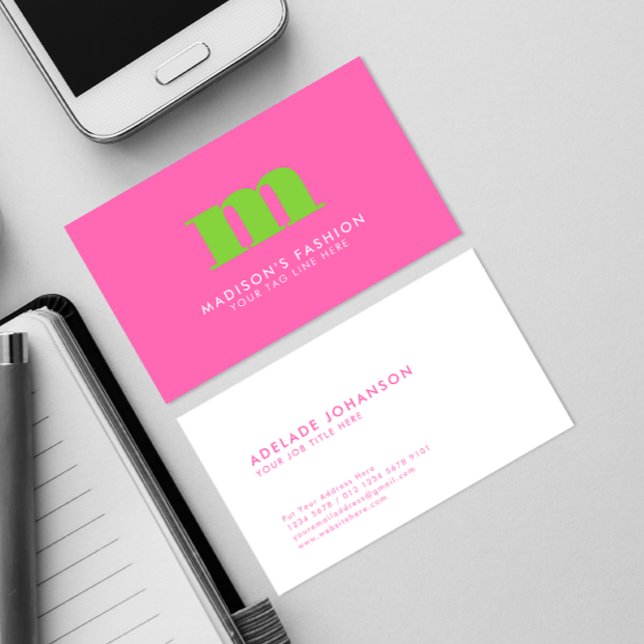 Complementary Colors | Pink Green Fancy Initial Business Card (Creator Uploaded)