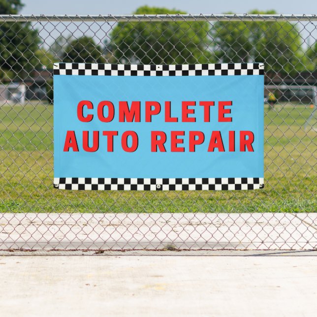 Complete Auto Repair Chequered Flag Blue Banner (Insitu)