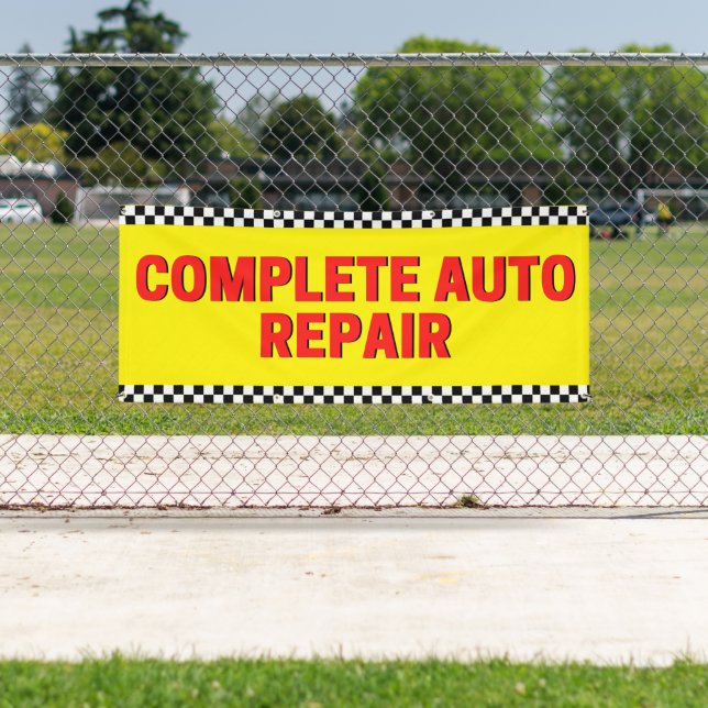 Complete Auto Repair Chequered Flag Large Yellow Banner (Insitu)