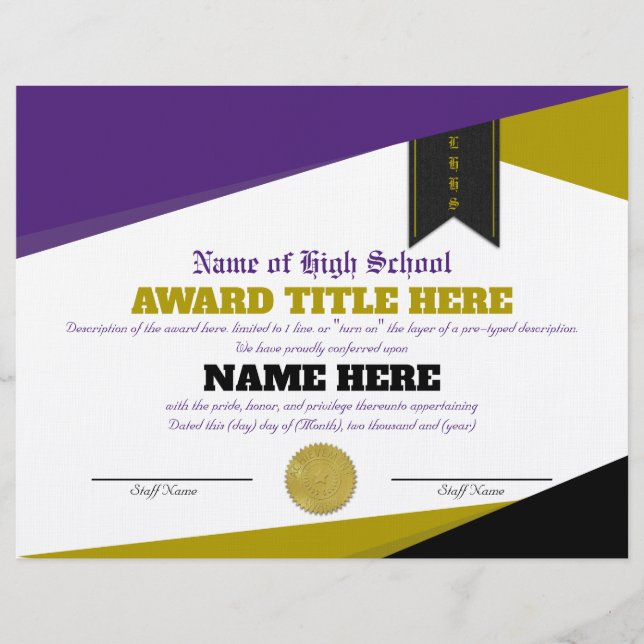 Completely Customisable SPORTS Award Certificate Custom Letterhead (Front)