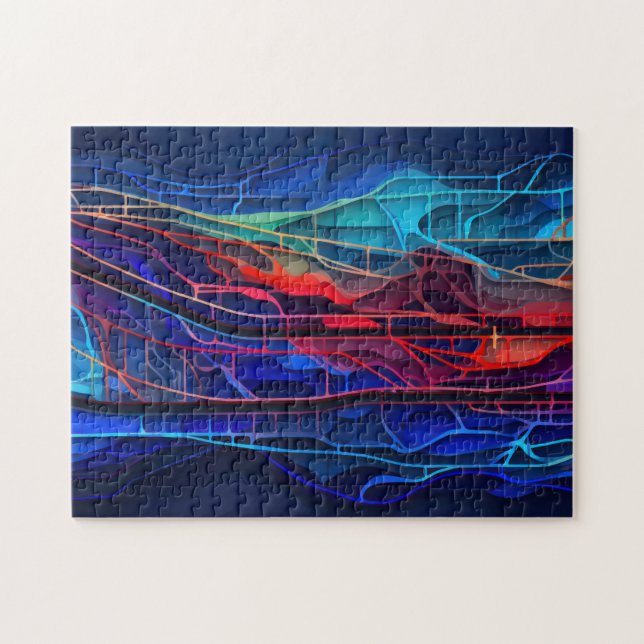 Complex connected lines in red and blue jigsaw puzzle (Horizontal)