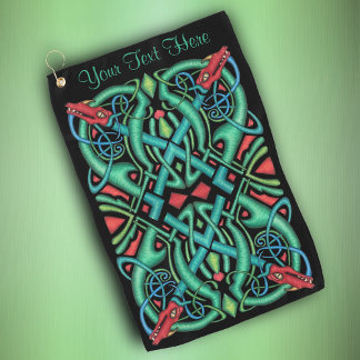 Complex Irish Celtic Knot Greens blues Dragon Head Golf Towel