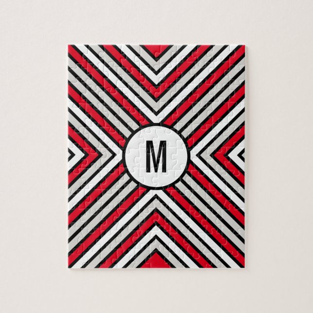 Complex Red White and Black Striped Monogram Jigsaw Puzzle (Vertical)