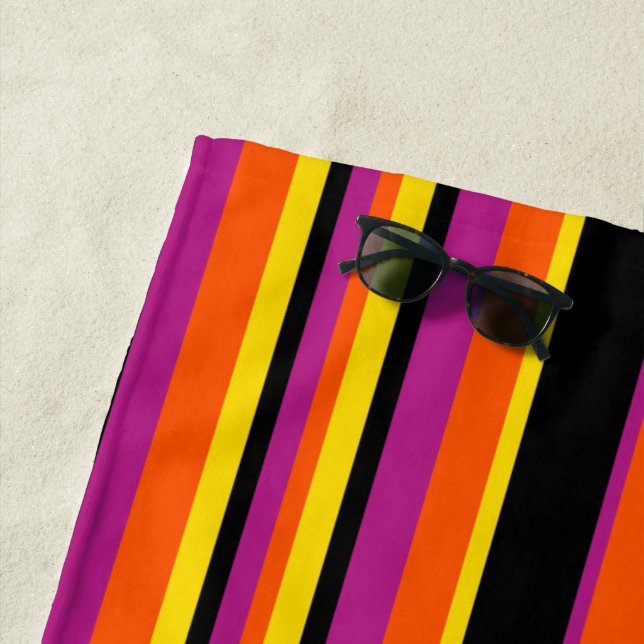 Complex Stripes - Black, Pink, Orange and Yellow Beach Towel (In Situ)