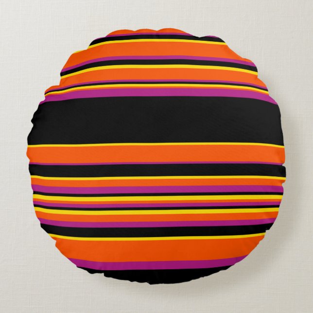 Complex Stripes - Black, Pink, Orange and Yellow Round Cushion (Front)