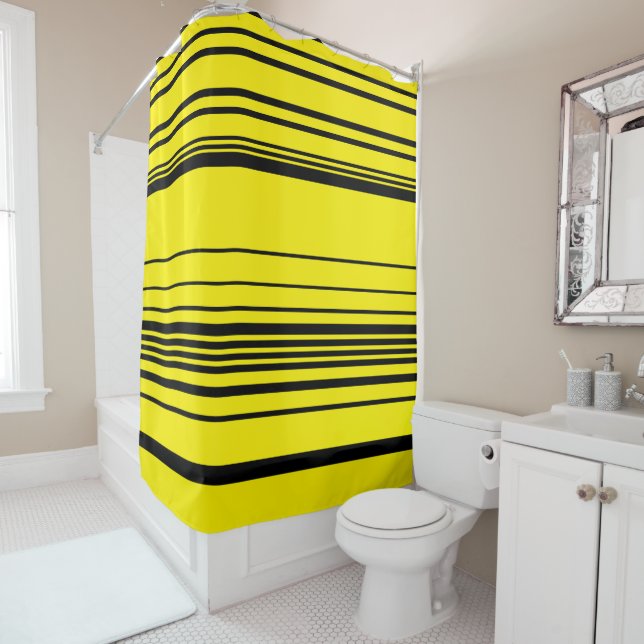 Complex Stripes in Black and Yellow Shower Curtain (In Situ)