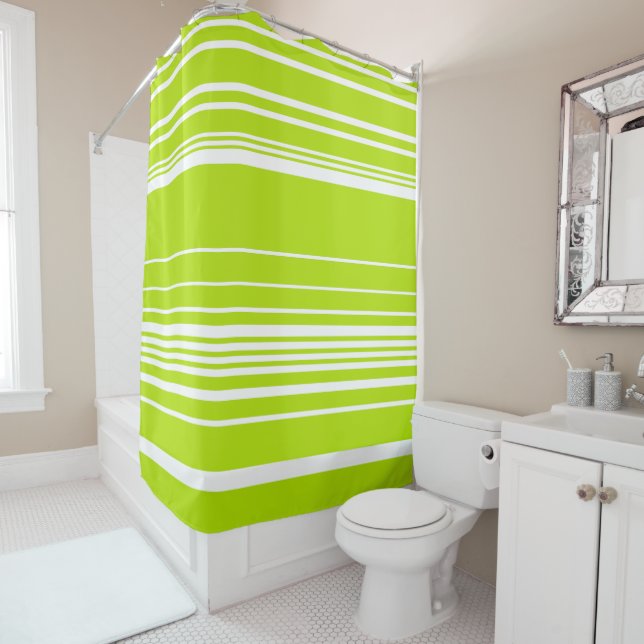 Complex Stripes in Lime Green and White  Shower Curtain (In Situ)