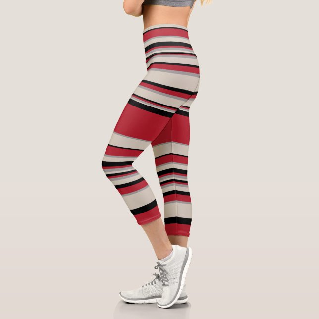 Complex Stripes - Red, Grey, Black and Bone White Capri Leggings (Left)