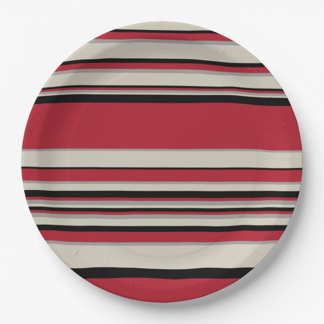 Complex Stripes - Red, Grey, Black and Bone White Paper Plate (Front)