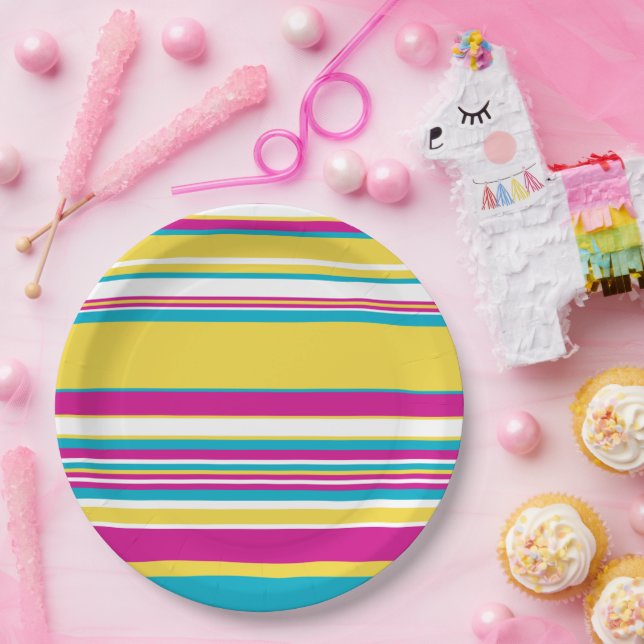 Complex Stripes -Turquoise, Yellow, Pink and White Paper Plate (Party)