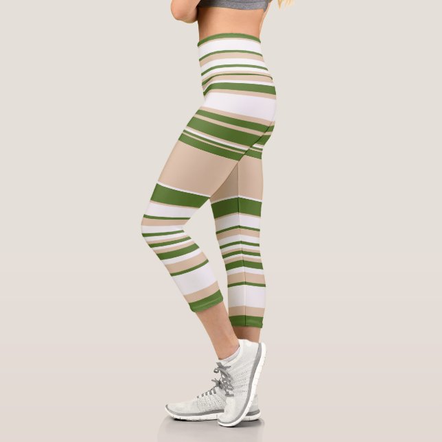 Complex Stripes - White, Sand and Palm Green Capri Leggings (Left)